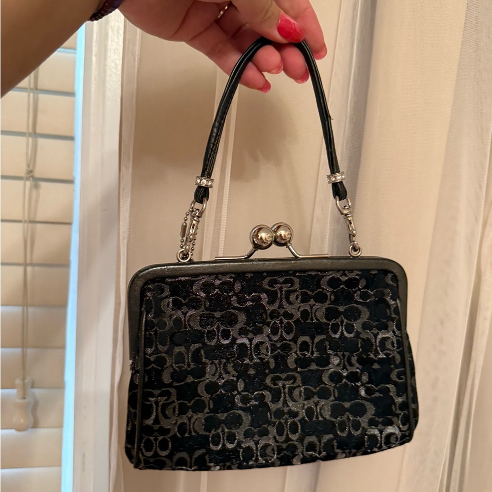 Coach Vintage Y2K Lurex Black Signature Frame Kisslock clutch silver hangtag - Picture 2 of 8